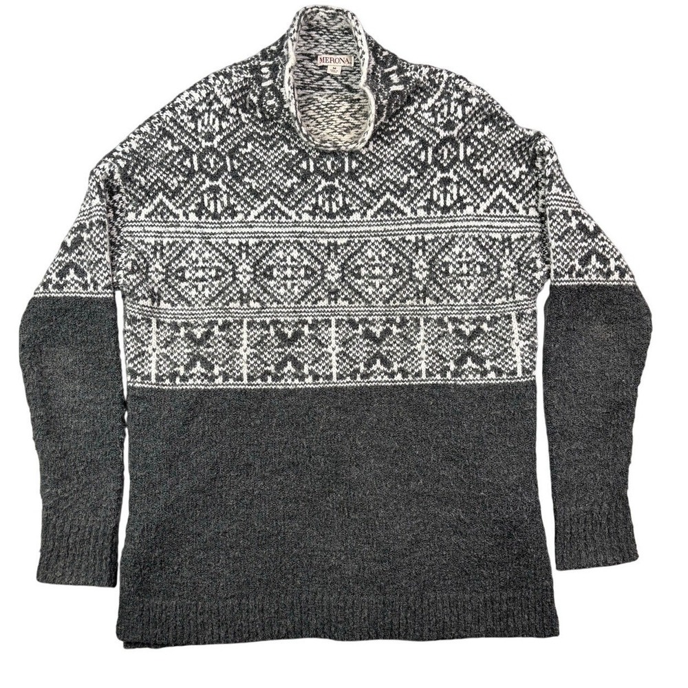 Merona Mens Mock Neck Fair Isle Knit Sweater Charcoal Gray White Size M